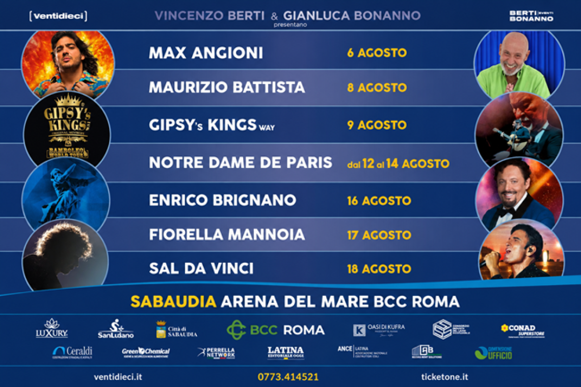 Arena del Mare BCC Roma a Sabaudia (Salemme, Notre Dame De Paris, Mannoia, Sal Da Vinci, Brignano, Battista Max Angioni dal 5 al 19 agosto 2026