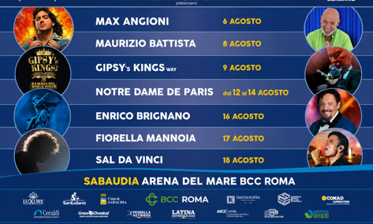 Arena del Mare BCC Roma a Sabaudia (Salemme, Notre Dame De Paris, Mannoia, Sal Da Vinci, Brignano, Battista Max Angioni dal 5 al 19 agosto 2026